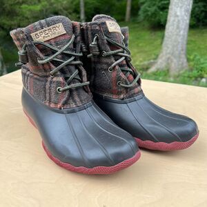 SPERRY Womens Size 7 Saltwater Wool Plaid Duck Boots STS95922 Rubber (D1)